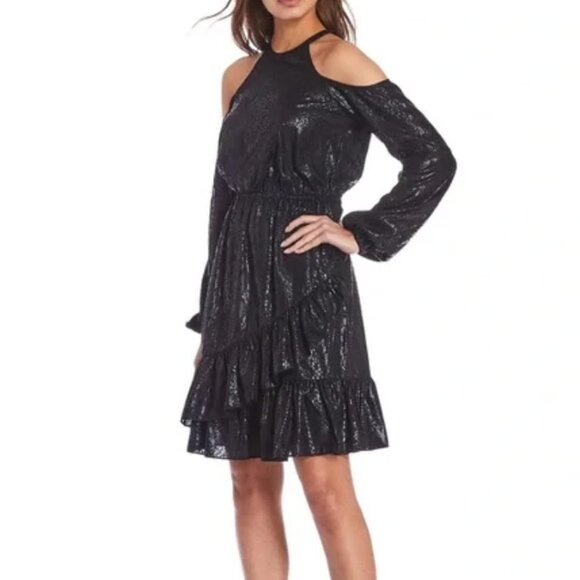 NWT michael kors black snake print long cold shoulder sleeve flounce hem dress S - Picture 1 of 9